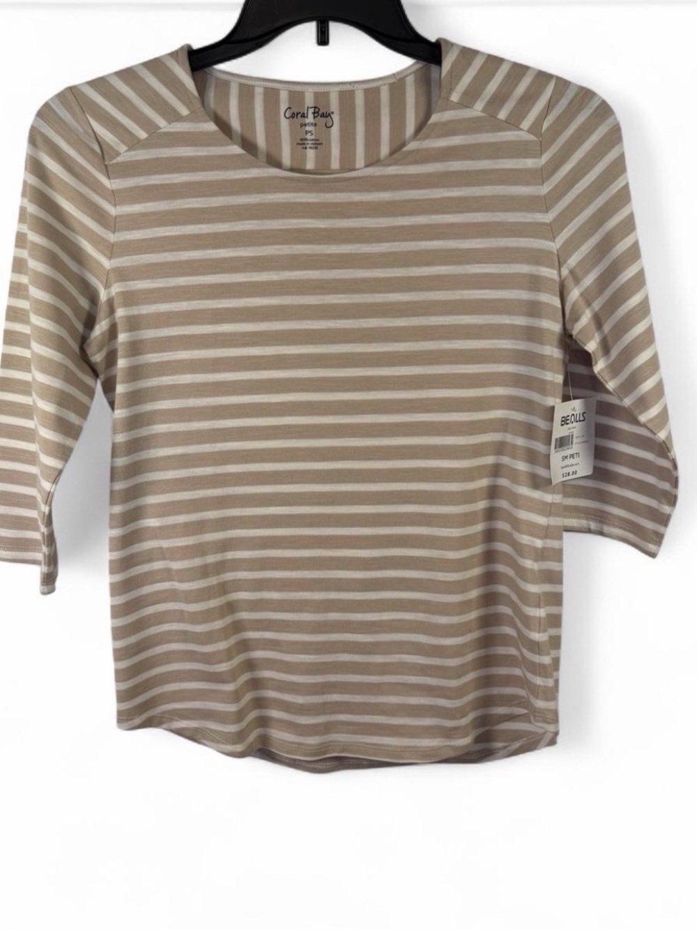 Coral Bay Beige and White Striped Long Sleeve Scoop Neck Top